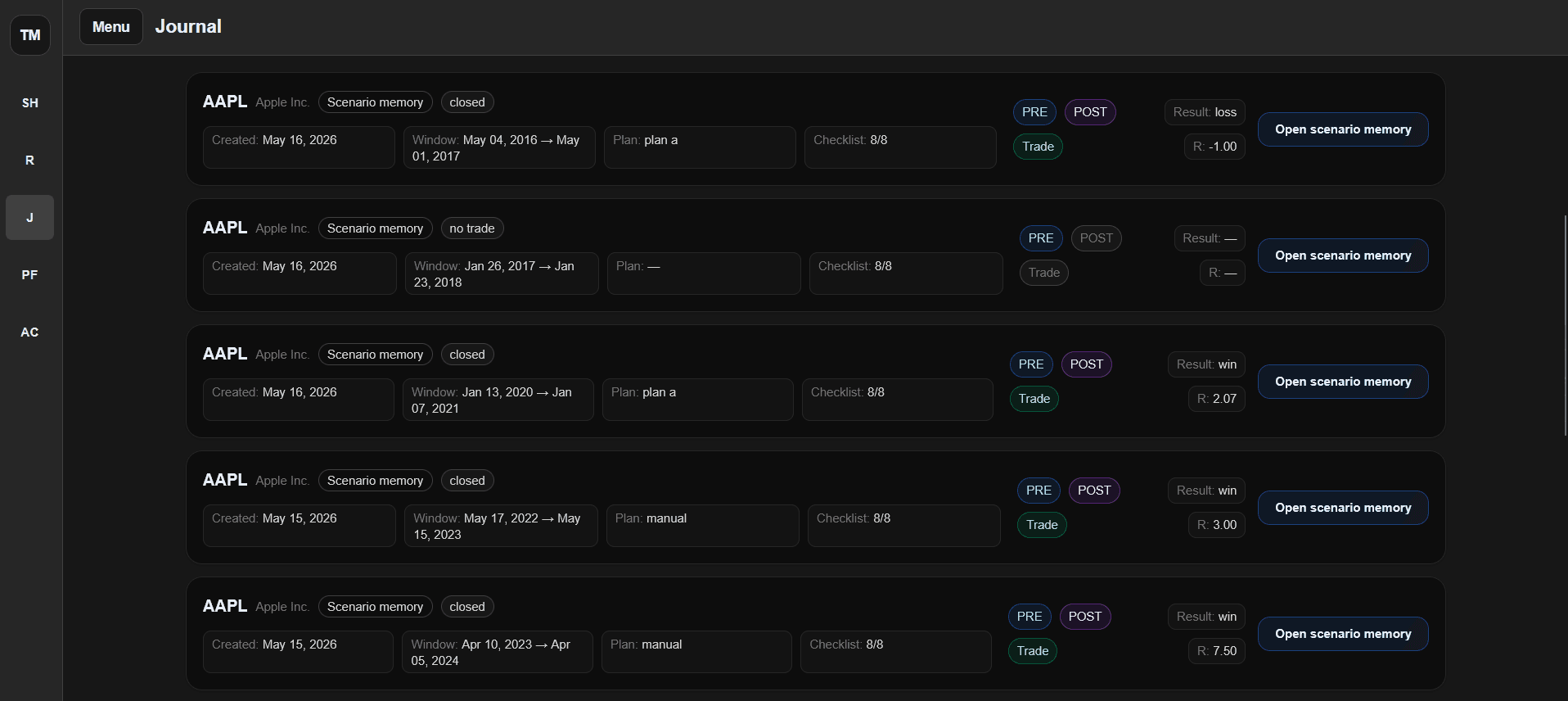 Integrilis journal and scenario memory interface